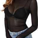 KIFOVEN Women’s Sheer Mesh Top Long Sleeve Mock Neck See Through Sexy Bodycon T Shirt Blouse Clubwear Black Large