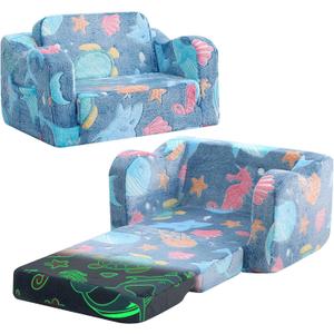 MeMoreCool Folding Toddler Chair, Glow-in-The-Dark Soft Plush Kids Fold-Out Couch Sofa, Comfy Baby Recliner for Girls and Boys (Denim Mermaid)