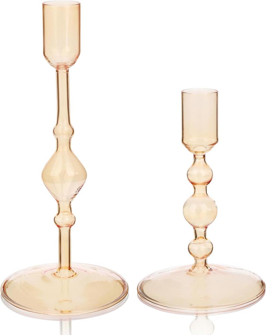Tall Glass Taper Candle Holders 2 Set - Vintage Candlestick Holders for Taper Candles for Table Elegant Centerpiece Weddings Decor Christmas Events Holidays Dinner Party Amber