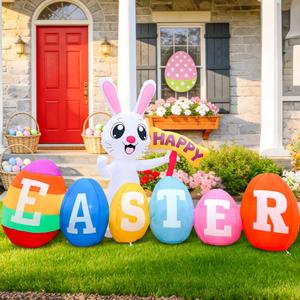 7FT Long Easter Inflatables Outdoor Decoration Inflatable Bunny with Happy Easter Built in LED Lights Bunny Blow Up Yard Decoration for Lawn Garden Holiday Party(with Storage Bag)