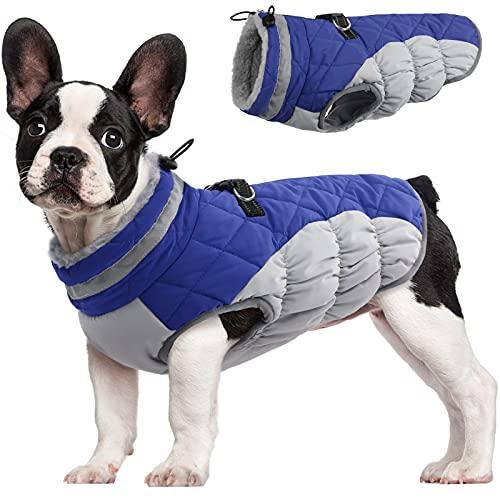 FUAMEY Dog Coat for Small Dogs,Waterproof Dog Winter Jacket with Harness Built in Puppy Cold Weather Coats Reflective Pet Vest with Zipper Warm Fleece Dogs Snowsuit Windproof Blue XS