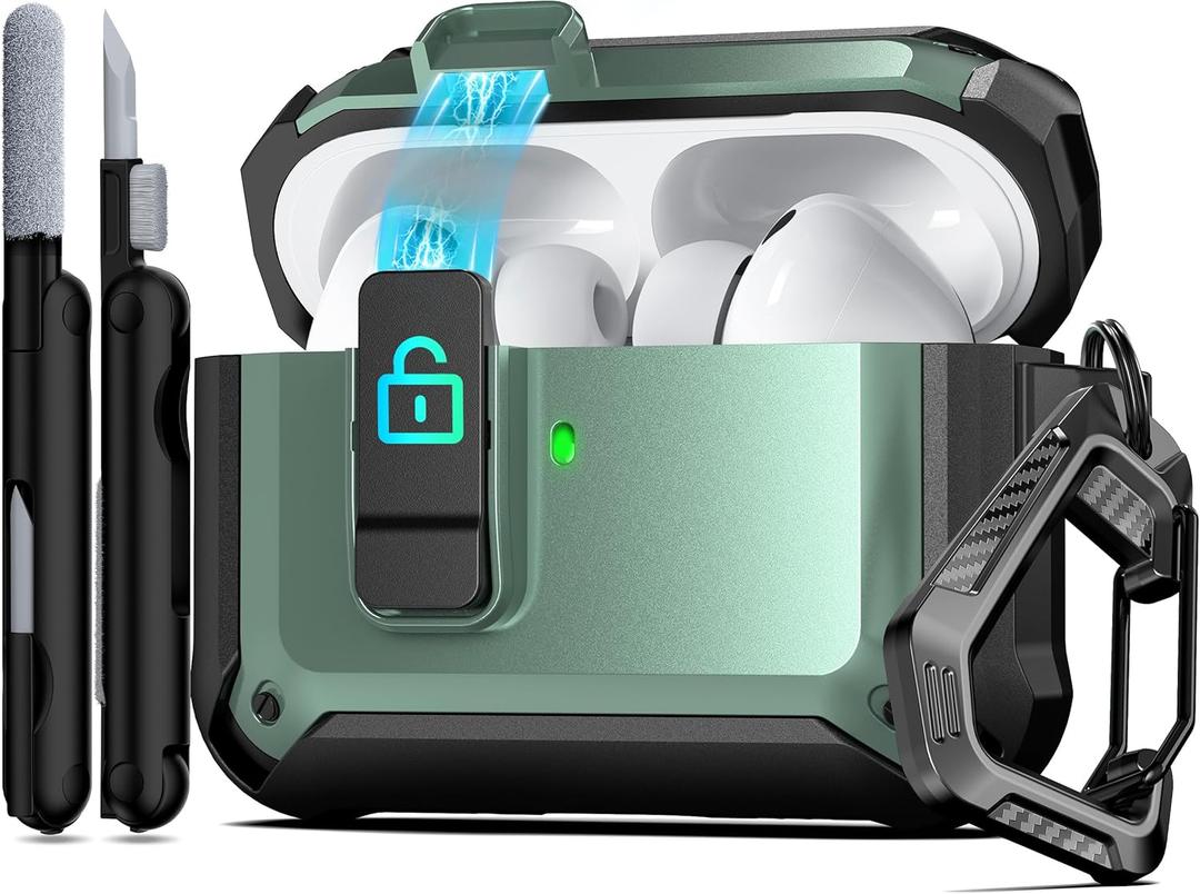 RFUNGUANGO Protective Case for AirPods Pro 3rd Generation, with Safety Lock Clip and Automatic Pop-up Case, Full Shockproof Hard Protective Case for AirPods Pro 3 (2025) - Apple Green