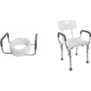 Essential Medical Supply Raised Elevated Toilet Seat Riser for an Elongated Toilet & Vaunn Shower Chair Bath Seat with Padded Arms
