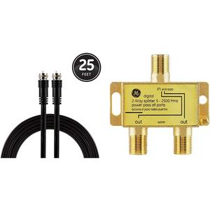 GE RG6 Coaxial Cable (25 Ft.) and GE Digital 2-Way Coaxial Cable Splitter (Black)