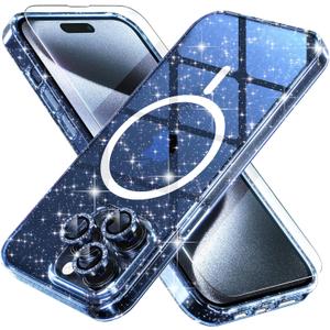 Choiche for iPhone 15 Pro Max Case Magnetic, Women Clear Glitter Bling Sparkly Case, [3xDiamond Camera Lens Protectors] [2xTempered Glass Screen Protectors] [Compatible MagSafe] (Glitter Blue)