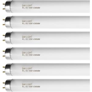 F15T8/DL 18 Inches T8 15 Watt Tube Compatible for Sylvania GE Eiko F15/T8/D Daylight 6500K G13 Bi-Pin Base 6 Count F15T8/DL 18 Inches T8 15 Watt Tube Compatible for Sylvania GE Eiko F15/T8/D Daylight 6500K G13 Bi-Pin Base 6 Count