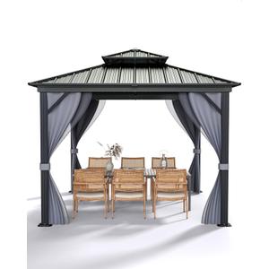 GarveeLife Hardtop Gazebo 10 ft x10 ft for All Weather, with Double Metal Roof, Aluminum Alloy Frame, Net, and Curtain, Permanent Building for Patio, Deck, Backyard, Lawn, and Garden (Gray)