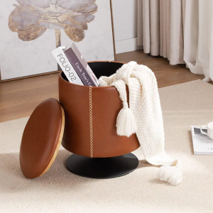 wOod-it Round Ottoman with Storage for Living Room Faux Leather Round Ottoman Coffee Table Ottoman Foot Rest for Bedroom Makeup Room - Brown