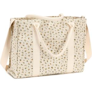Laptop Tote Bag for Women Work 15.6 inch Canvas Shoulder Bags Computer Messenger Purse Teacher Handbag Office Briefcase (Beige-flower 92corduroy)