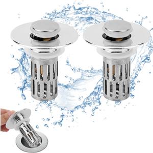 2 Pack Pop-Up Bathroom Sink Stoppers, Universal 3-in-1 Sink Plug with Removable Filter Basket Fits 1.1"1.26" Drain Holes, Haircatcher Drain Strainer for Sinks Wash Basin & Floor Drains