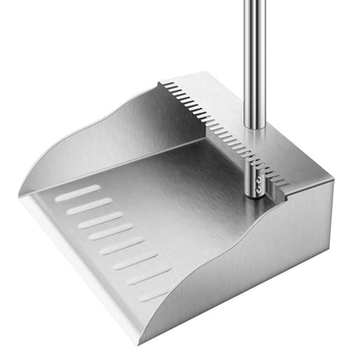 Dust Pans with Long Handle,Heavy Duty Metal Dust Pan with Handle,Upright Stand Up Dustpan with Dust Pan Teeth to Clean Hair for Home Kitchen Office Lobby Floor Garden