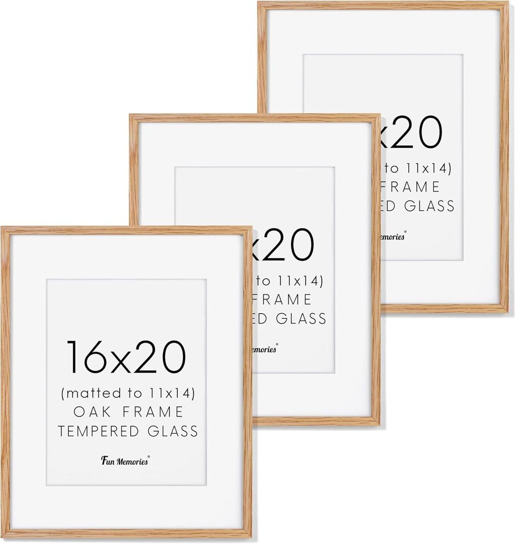 Fun Memories 16x20 Picture Frames Set of 3, Solid Oak Wood Picture Frame 16 by 20, 16x20 Frame with Mat for 11x14, 16 x 20 Frame with Tempered Glass, 16"x20" Poster Frame