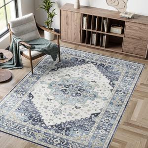 Dripex Vintage Washable Area Rug - 3x5 Entryway Rug for Indoor Door Mat Low-Pile Non-Slip Bedside Rug Bedroom Oriental Medallion Floral Print Carpet Soft Accent Rug Farmhouse Office Home Decor (Teal/Multi)