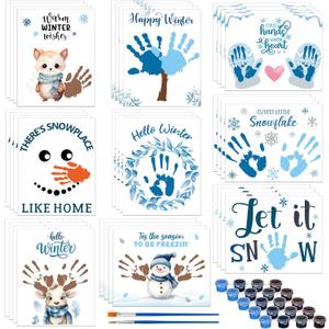 AmazingSpark 36 Sets Hello Winter Handprint Art Craft Included Snowman Snowflake Gloves Reindeer DIY Hand Print Paper Crafts with Paint, Let It Snow Handprint Keepsake for Winter Xmas Fun Activity