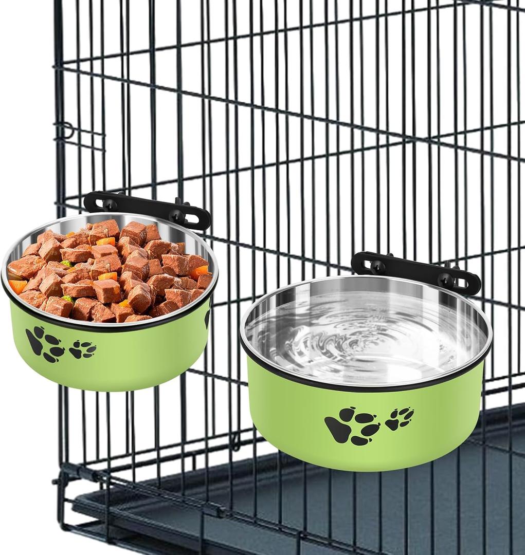 Dog Crate Bowls, ShineMe Stainless Steel Dog Kennel Bowls for Crates, Spill Proof Dogs Dishes That Attach to Crate Kennel Cage for Small Medium Size Dogs Cats, Set of 2, Green (6.2x2.6 & 5.5x2.4)