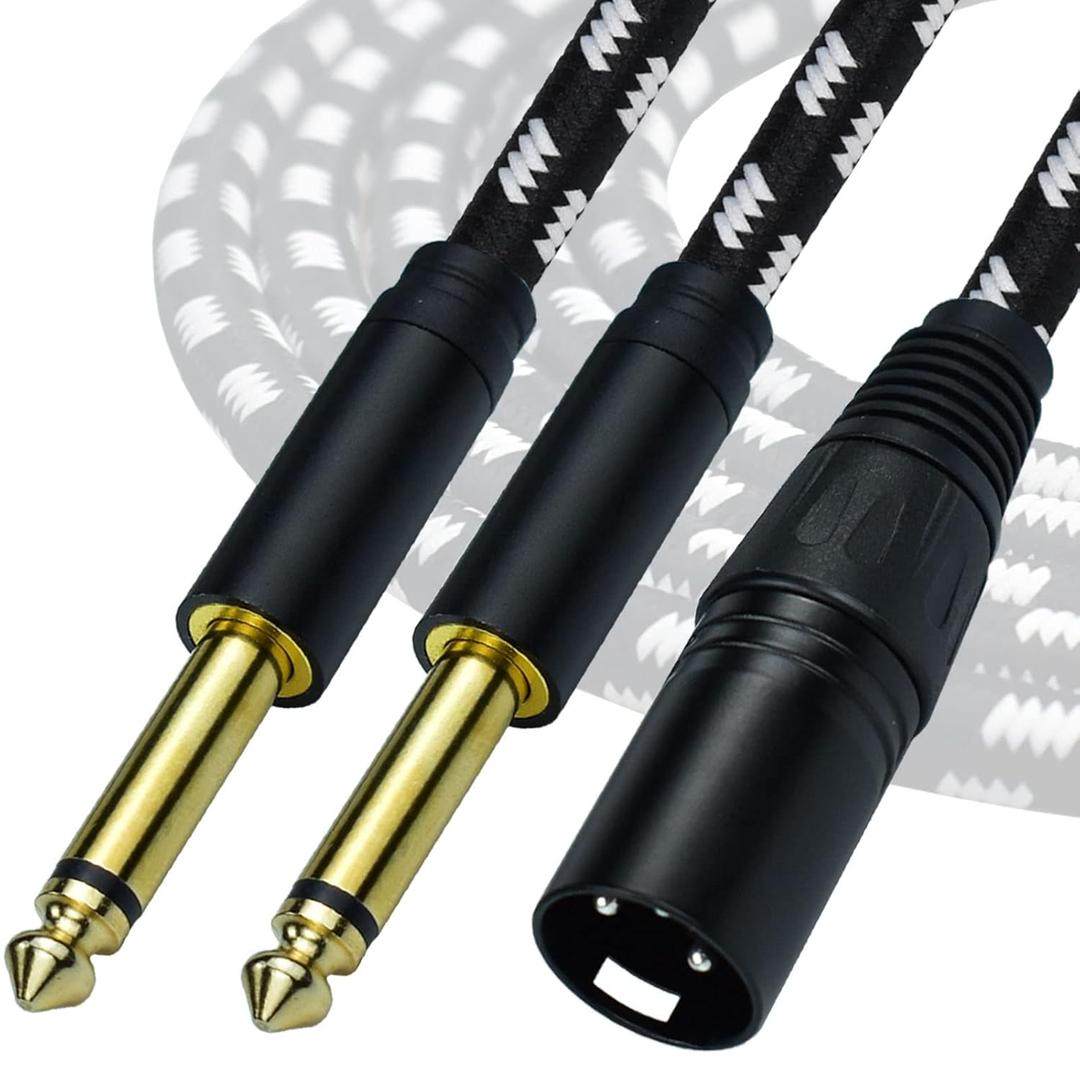 Dual 1/4 TS Mono to XLR Male Y Splitter Cable, 10 Feet Stereo L/R Quarter Inch to XLR Instrument Cable, for Mixer, Electric Drum, Keyboard Recording, Nylon Braided, Black White Color