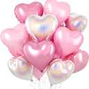 Pink and Silver Heart Balloons, 10 Pcs Pink Laser Silver Heart Shaped Balloon, 18 Inch Metallic Glitter Stars Foil Balloons for Girls Women Princess Brithday Baby Shower Valentines Party Decorations