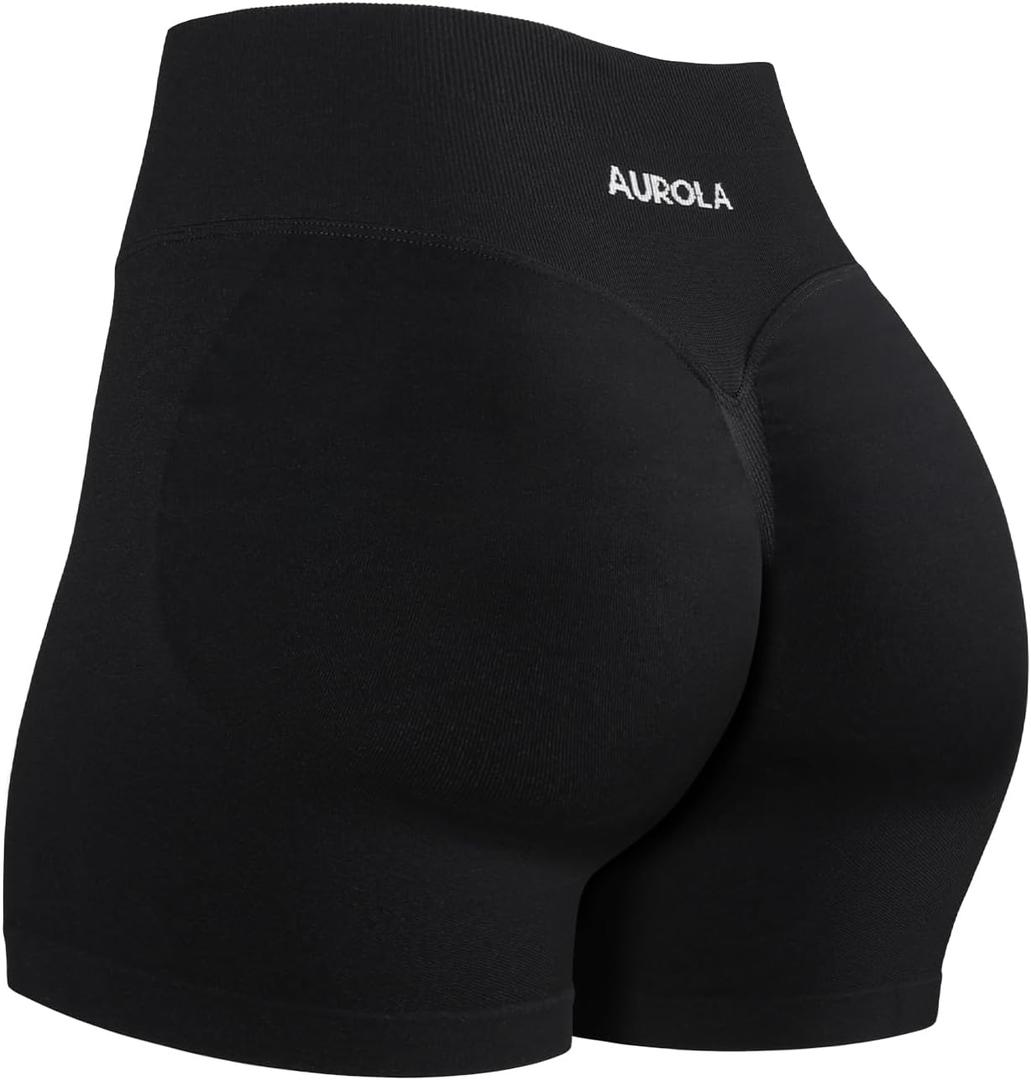 AUROLA Influence Workout Shorts for Women,2.5 3.5 4.5 5.5 6.5 No Roll Up Squat Proof Scrunch Seamless Compression Gym Short (Black, S)