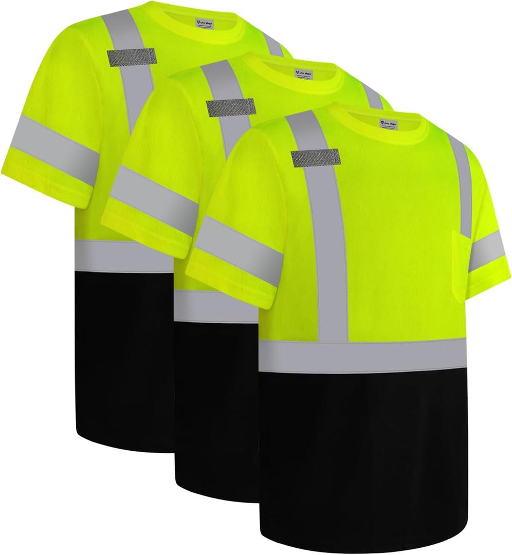 High Visibility Shirts for Men Class 3 Hi Vis Reflective Safety Construction Shirts for Men Women, Short Sleeve Work Shirts with Black Bottom, Meet ANSI, Durable, Breathable, Yellow L, 3PCS