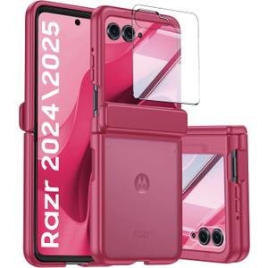 For Motorola Razr 2025 Case/Razr 2024 Case with Hinge Protection, Screen Protector, Ultra-Thin Skin Feel Translucent Frosted, Shockproof Cover for Razr 2025/2024-Rose Red (NOT for Plus/Ultra)