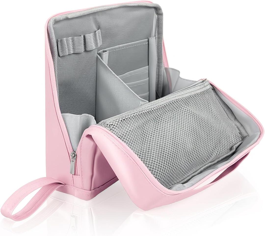Standing Makeup Bag, Stand Up Makeup Bag with Multiple Compartments, Waterproof Portable Foldable Travel Makeup Bag Standing Toiletry Bag with Brush Storage for Women (Pink)