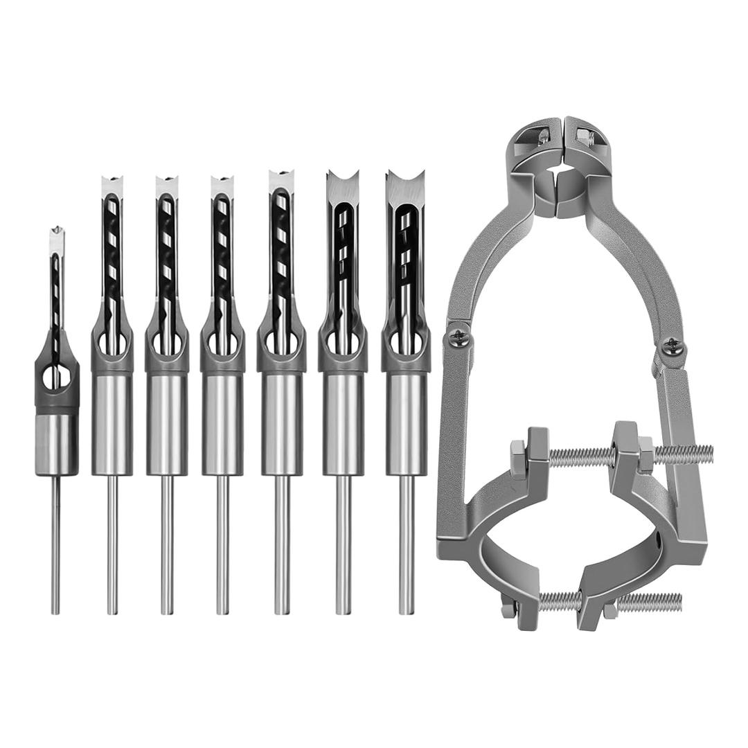 Woodworking Square Hole Drill Bits with Adapter, 1/4, 5/16, 3/8, 2/5, 1/2, 9/16, 5/8 Wood Mortising Chisel Set Wood Square Hole Mortising Chisel Drill Bit for Mortising Machines