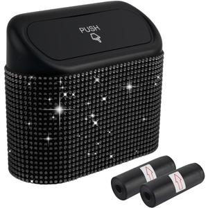 Car Trash Can with Lid & Rhinestones Design,Push-on Car Trash Bin for Storing Trashes Items & Cars Decor Includes 30PCS Trashes Bag,Shiny Cars Garbage Can with Back Clip for Side Door (Black Diamond)