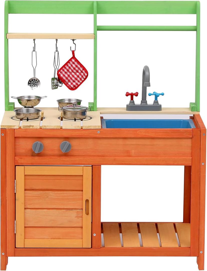 Wooden Kids Play Kitchen, Outdoor Mud Kitchen with Removable Sink and Faucet, Stove Top, Storage Shelves, Fun Backyard Pretend Kitchen Playset, Gift for Boys/Girls 3+