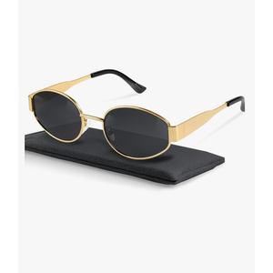 livho Retro Polarized Sunglasses - UV400 Protection, Oval Shape, Metal Frames - Matching Soft Case Inlcuded
