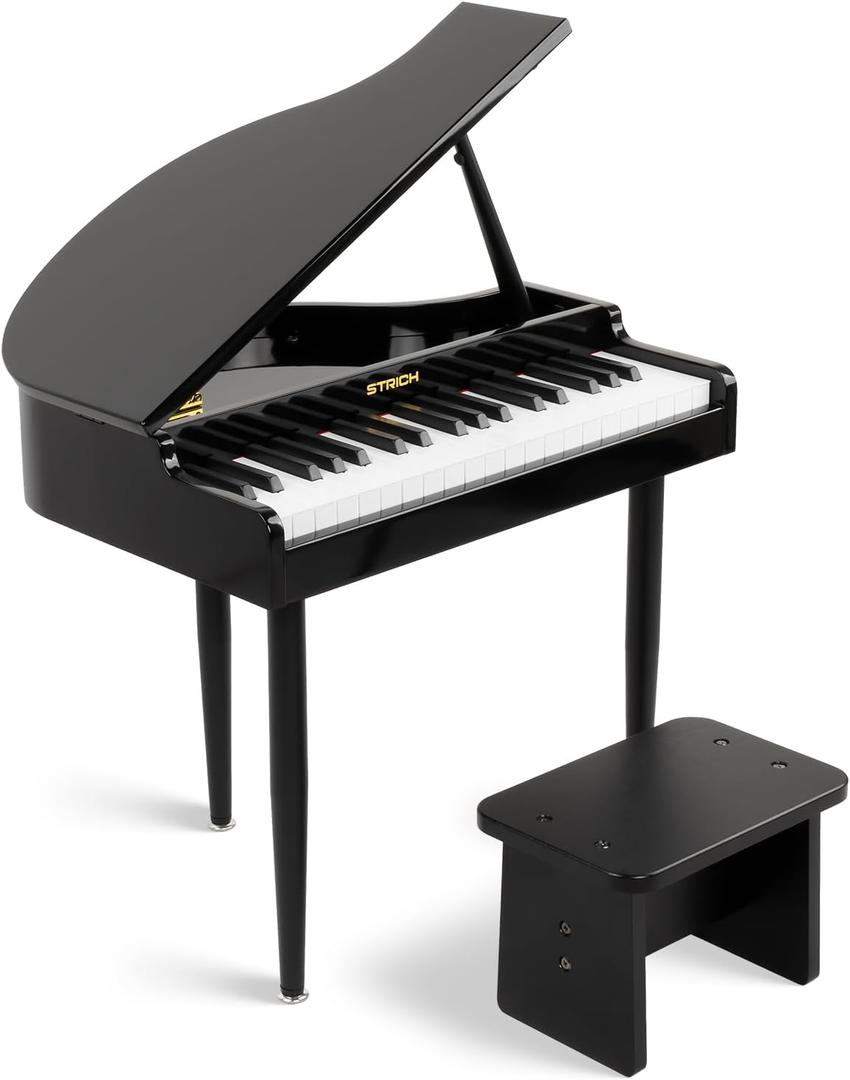 STRICH 37 Keys Kids Piano Keyboard Set, Mini Grand Digital Piano for Kids with Stand Chair, Wood Piano for 3+ Girls and Boys, Classic Black, SEK-60