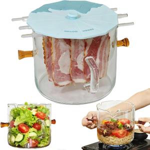 Glass Bacon Cooker, Microwave Bacon Tray for Oven, Heat-Resistant Borosilicate Glass Cooking Pot for Stove, Grease Easy Cleanblue