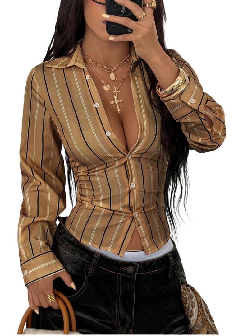 GORGLITTER Women's Striped Fitted Shirt Y2k Cinched Waist Tops Ruched Long Sleeve Button Up Blouses Dressy Streetwear Coffee Brown X-Large