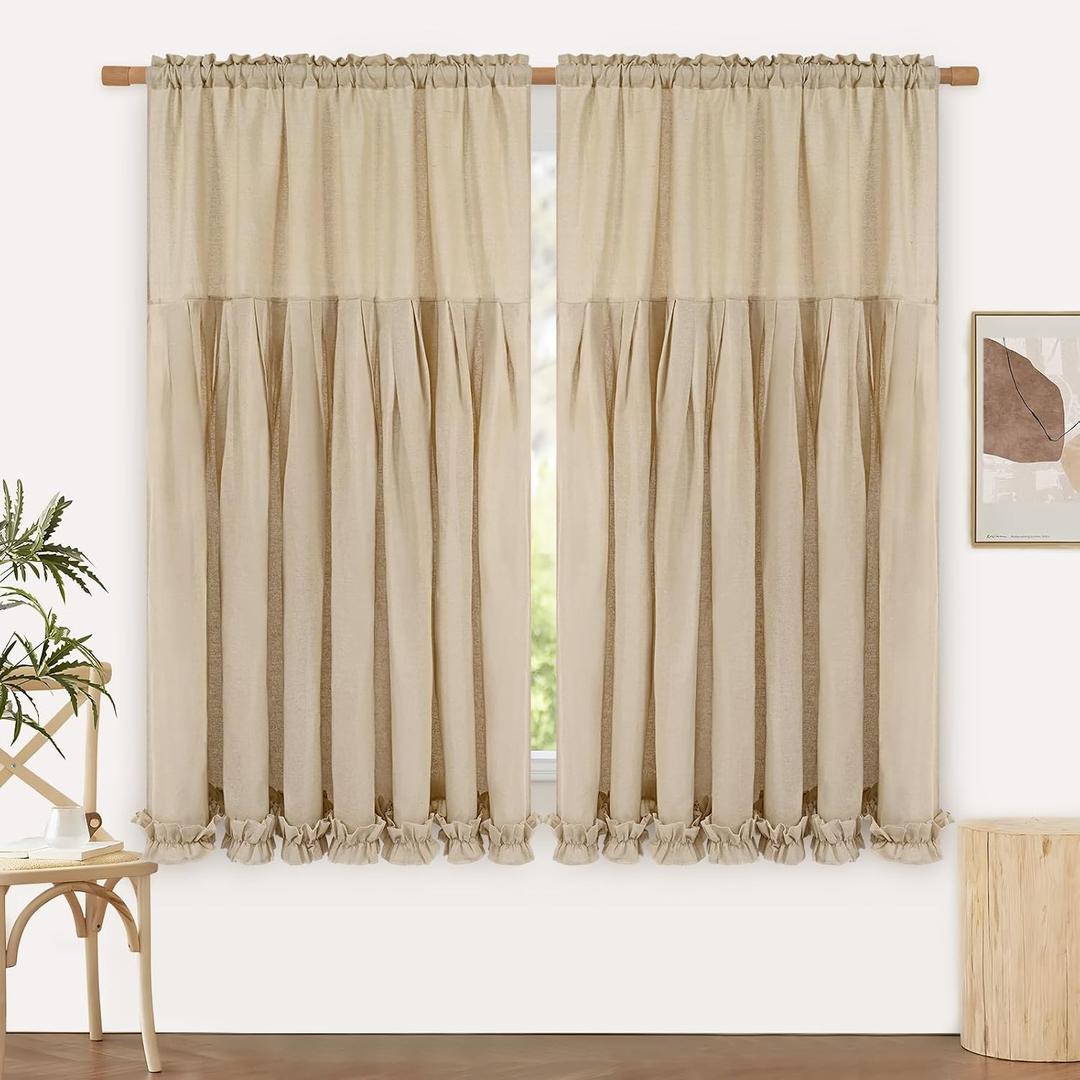 Likiyol Linen Curtains for Living Room 63 Inch Length Farmhouse Window Curtains for Bedroom with Ruffle Light Filtering Curtain Rustic Country Drapes Rod Pocket Window Treatments, Linen, 2 Panels