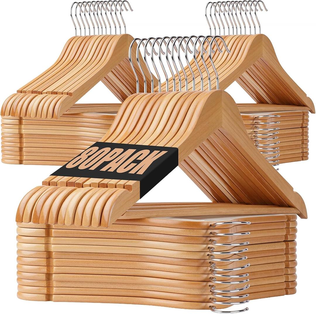 Korpai 80 Pack Wooden Hangers,Wooden Clothes Hangers with Smooth Pant Bar and Shoulder Notches,Heavy Duty Wood Hangers with 360-Degree Rotatable Hook, Coat Hangers for Coats,Shirts,Dress,Pants,Natural, 17.5"Lx 8.7"W