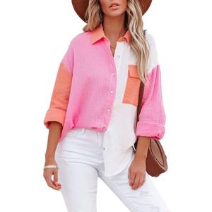 chouyatou Women's Color Block Long Sleeve Button Down Boyfriend Shirt Blouses (Large, Rose Red)