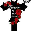 2 x Metal Butterfly Memorial Garden Stake, Cross Cemetery Grave Decorations with Rose Design, Forever in Our Hearts Grave Marker for Mom Dad Son, Outdoor Yard Garden Cemetery Decor (Black)