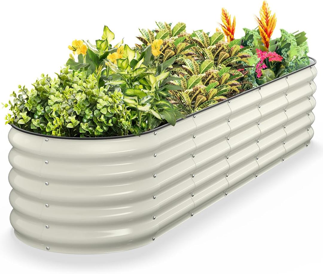 Kesfitt Raised Garden Bed, Metal Galvanized Steel Oval Garden Bed 8x2x1.5 ft with 18-Inch Deep Open-Bottom Design for Outdoor Vegetable Gardening, Pearl White