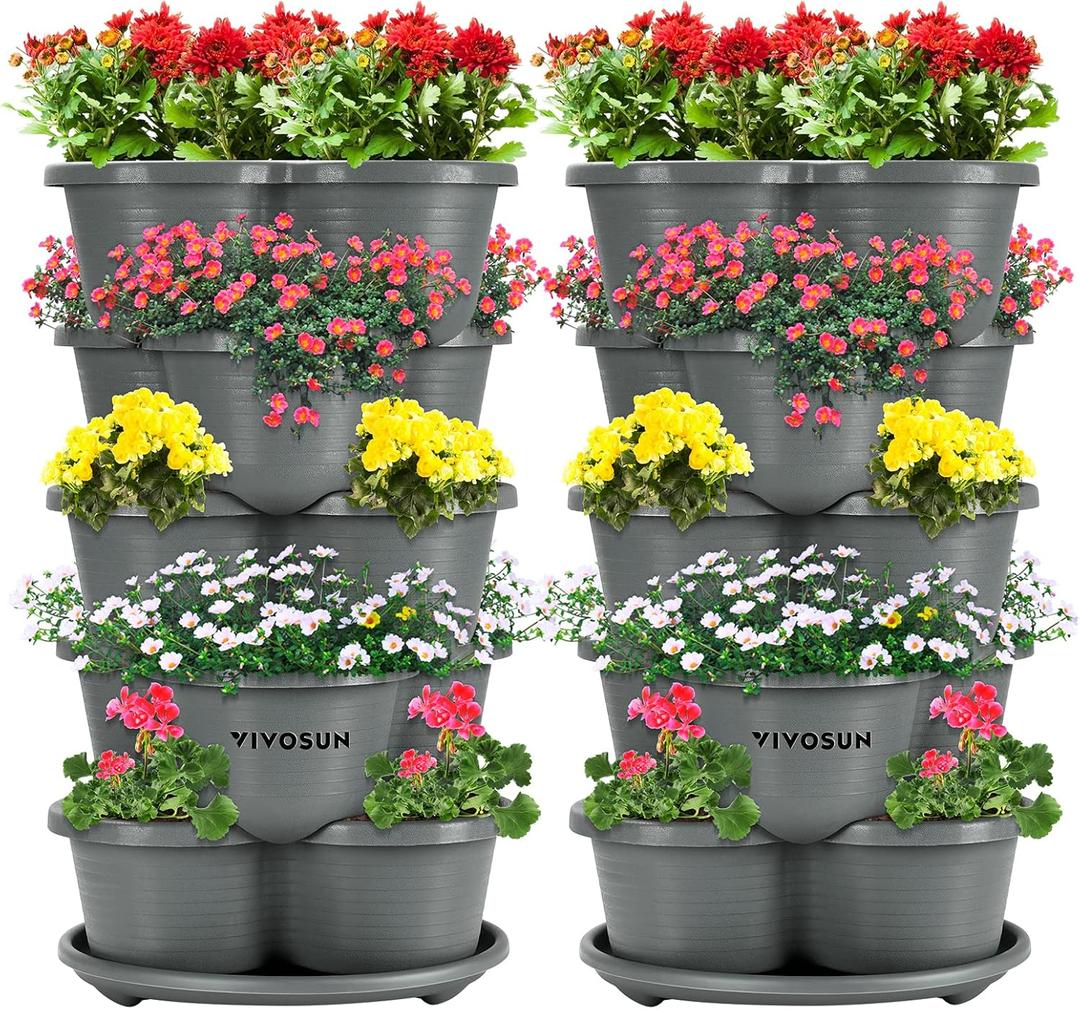 VIVOSUN 2-Pack 5 Tier Vertical Gardening Stackable Planter for Strawberries, Flowers, Herbs, Vegetables, Grey (Gray)