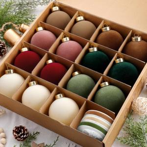 15 Pcs Velvet Christmas Ball Ornaments 3.15 Inch Flocked Christmas Tree Decorations with 10 Yards Velvet Ribbon Red Green Brown Pink Cream Shatterproof Xmas Baubles for Tree Holiday Decor (Retro Color)