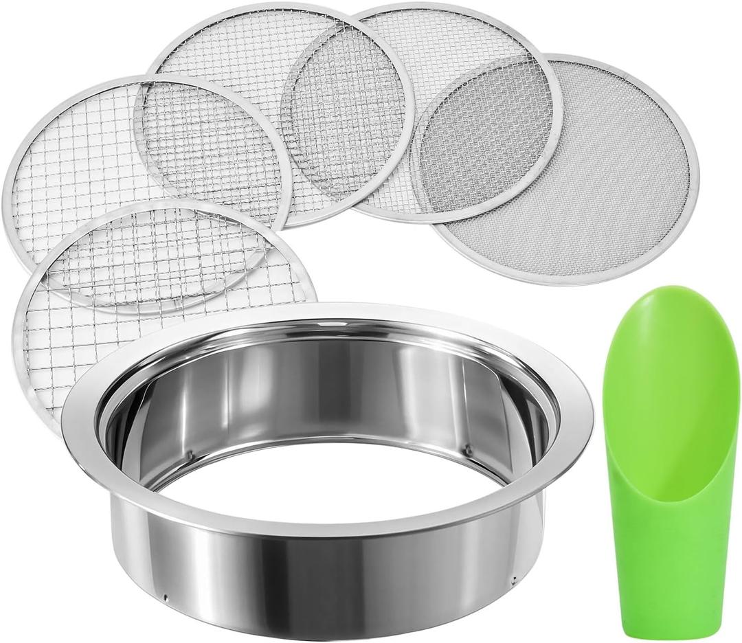 Soil Sieve Stainless Steel Riddle Sieve Set, 9.5" Diameter, Garden Sifter with 5 Filter Mesh Sizes 1,3,5,9,12mm and Bonsai Soil Scoops Gardening Tool