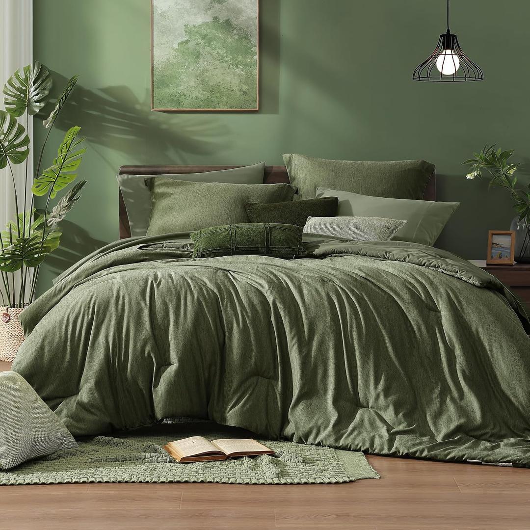 Monbix King Size Comforter Set Olive Green 7 Pieces Bed in a Bag