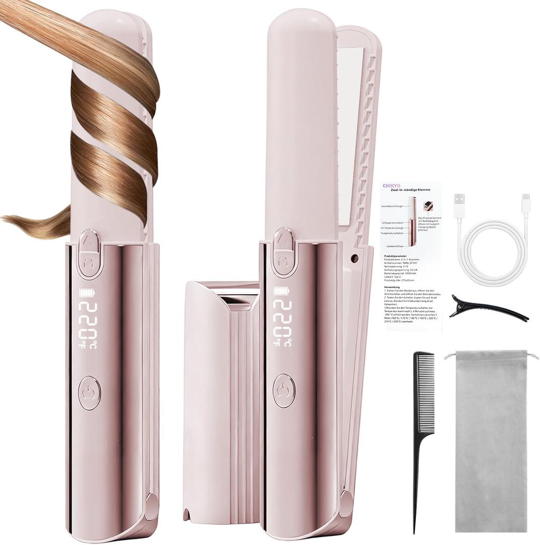 CHIKYO Cordless 2 in 1 Hair Straightener Portable On-The-Go Curling Iron, Portable Power Bank, 7 Temps, LED Display, Rechargeable Mini Flat Iron for Travel, 5000mAh Battery, Pink