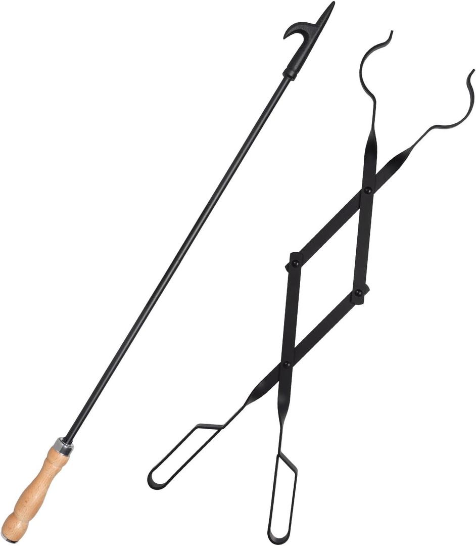 Heavy Duty 32 Long Fireplace Fire Pit Campfire Poker Stick and 26 Fireplace Tongs Tool Sets, Log Grabber, Rust Resistant Black Finish Camping Fireplace Tools for Indoor/Outdoor