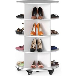 SpaceAid Spinning Shoe Rack with Wheels, 4 Tier Rotating Organizer Shoe Tower Lazy Susan with Thick Bottom, 360 Display Revolving Storage Shelf, Round Circular Rotate Organization, White
