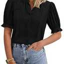 PRETTYGARDEN Women’s Puff Ruffle Sleeve Tops 2025 Summer Trendy V Neck Button Down Shirts Business Casual Embroidery Chiffon Blouses (Black, XXL)