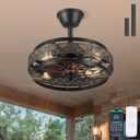 18" Small Black Industrial Caged Ceiling Fans with Lights and Remote
