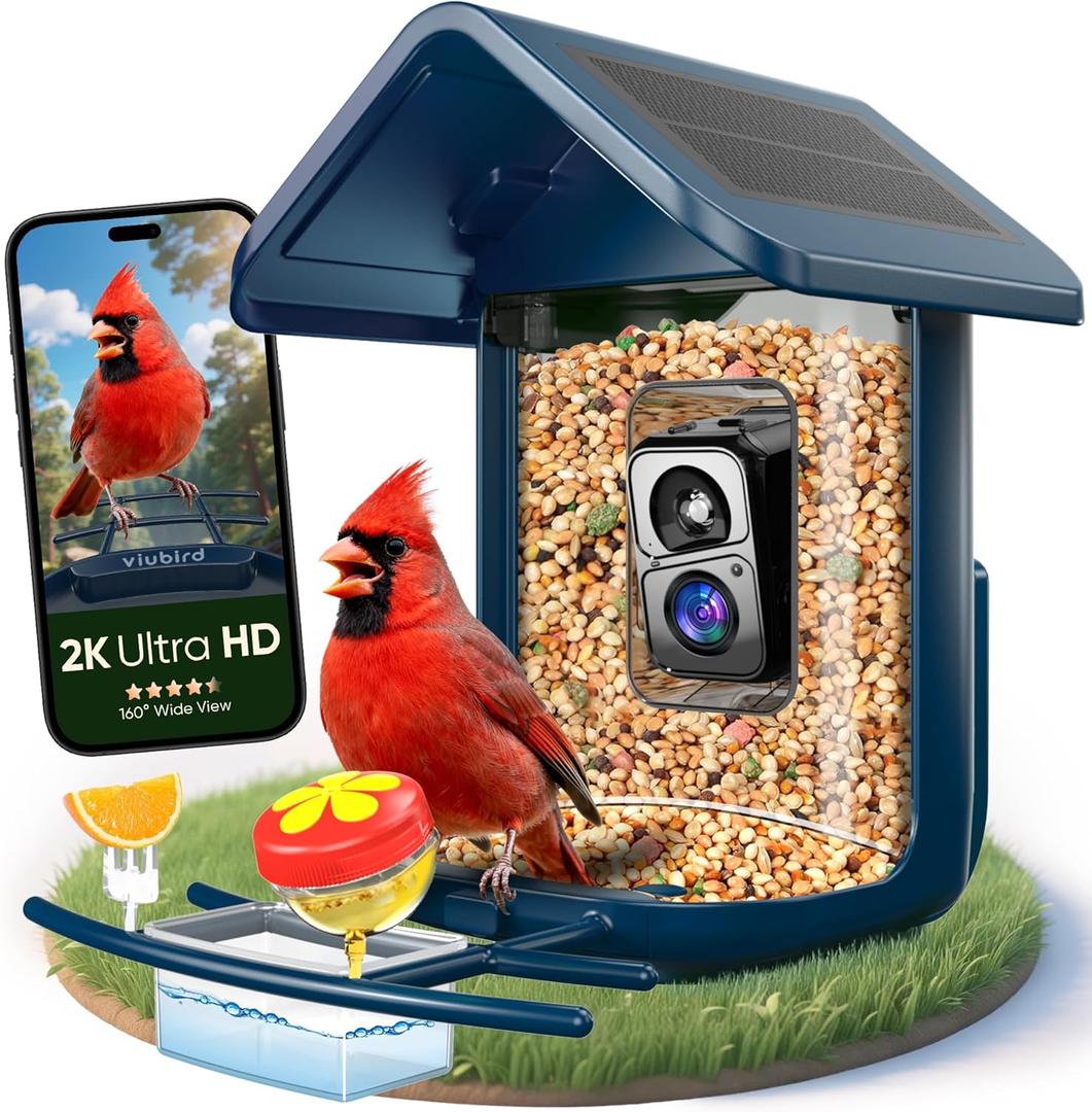 Bird Feeder with Camera Solar Powered - Smart Bird Feeder Camera 2K HD Live Stream, 5MP Photos, AI Identification for Backyard, 2.4Lb Large Capacity, Gifts for Mom Dad, Blue