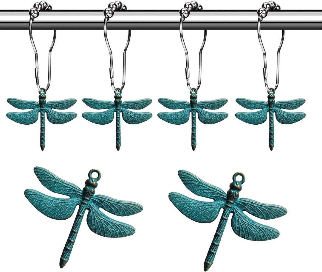Antique Green Dragonfly Shower Curtain Hooks - Decorative Shower Hooks for Shower Curtain Rust Proof Shower Curtain Rings, Natural Forest Garden Farm Theme Bathroom Decor Accessories Set