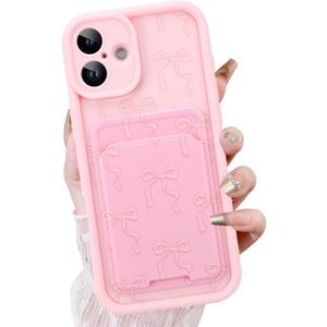 KANGHAR Case for iPhone 16 Plus Card Slot Phone Case, Cute Bow Design with Card Holder for Women Girls Slim Shockproof Wallet Cover-Pink
