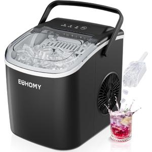 EUHOMY Countertop Ice Maker Machine with Handle, 26lbs in 24Hrs, 9 Ice Cubes Ready in 6 Mins, Auto-Cleaning Portable Ice Maker with Basket and Scoop, for Home/Kitchen/Camping/RV. (Black) (11.57"D x 11.42"W x 8.74"H)